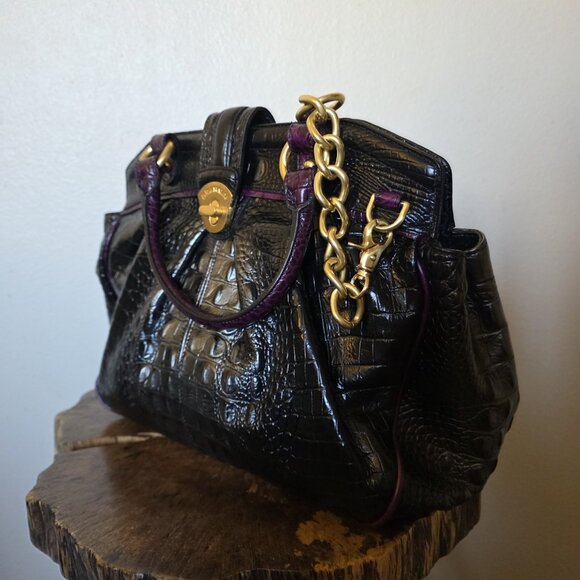 RARE Brahmin Adora Black & Purple Croc Embossed Leather Satchel Gold Chain - Picture 8 of 16